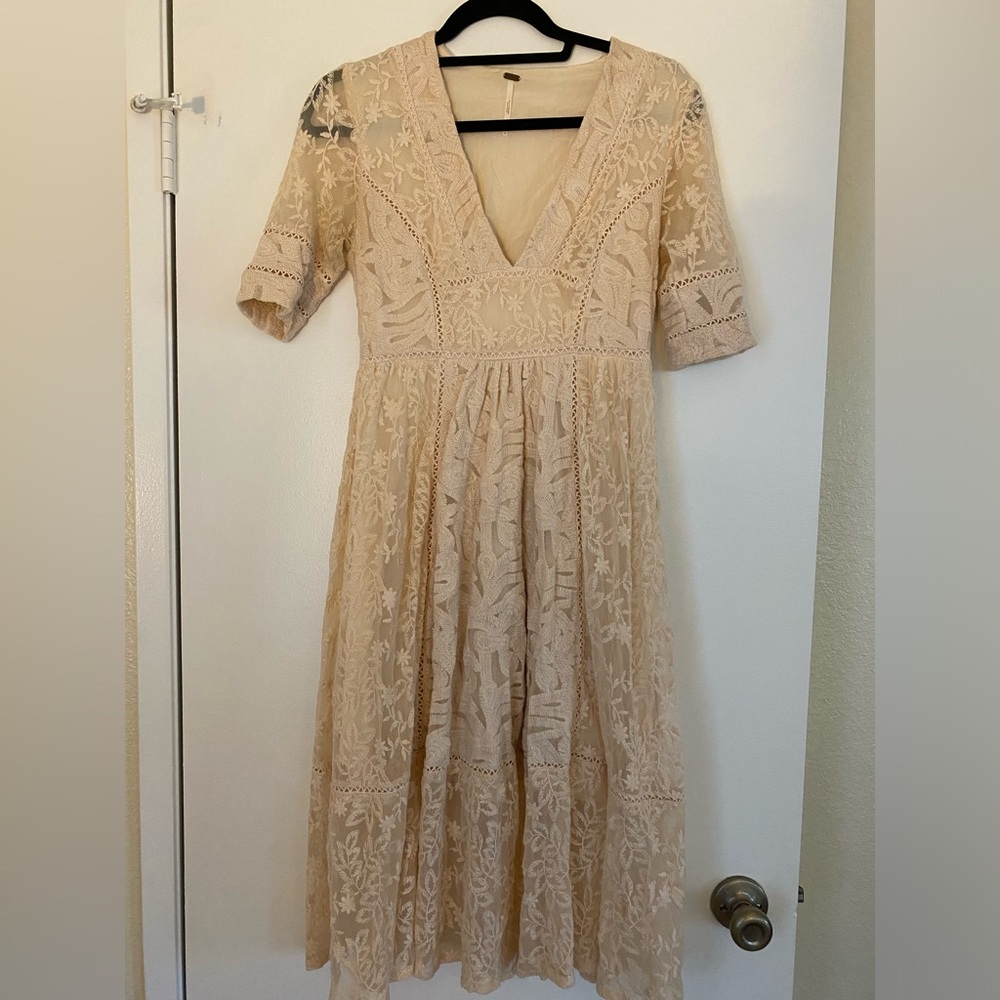 Lace V-Neck Midi Dress in Beige